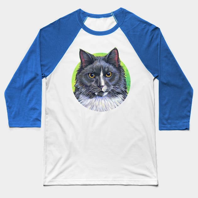 Gray and White Longhair Tuxedo Cat Baseball T-Shirt by rebeccawangart